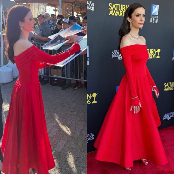 Alice + Olivia Chara Flared Midi Dress Off the Shoulder Bright Ruby Red 4 - Picture 6 of 16